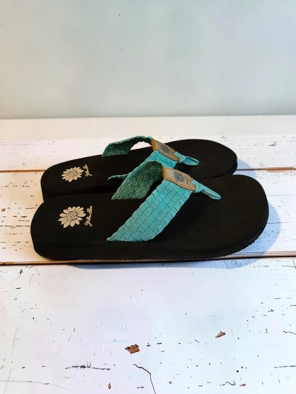 Yellow Box Turquoise Woven Strap Black Footbed Flip Flops - Picture 2 of 5